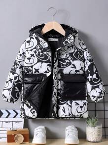 SHEIN 小男孩可愛黑白小熊印花寬鬆連帽外套撞色顯眼口袋適合秋冬 - 黑與白 - 查看 1