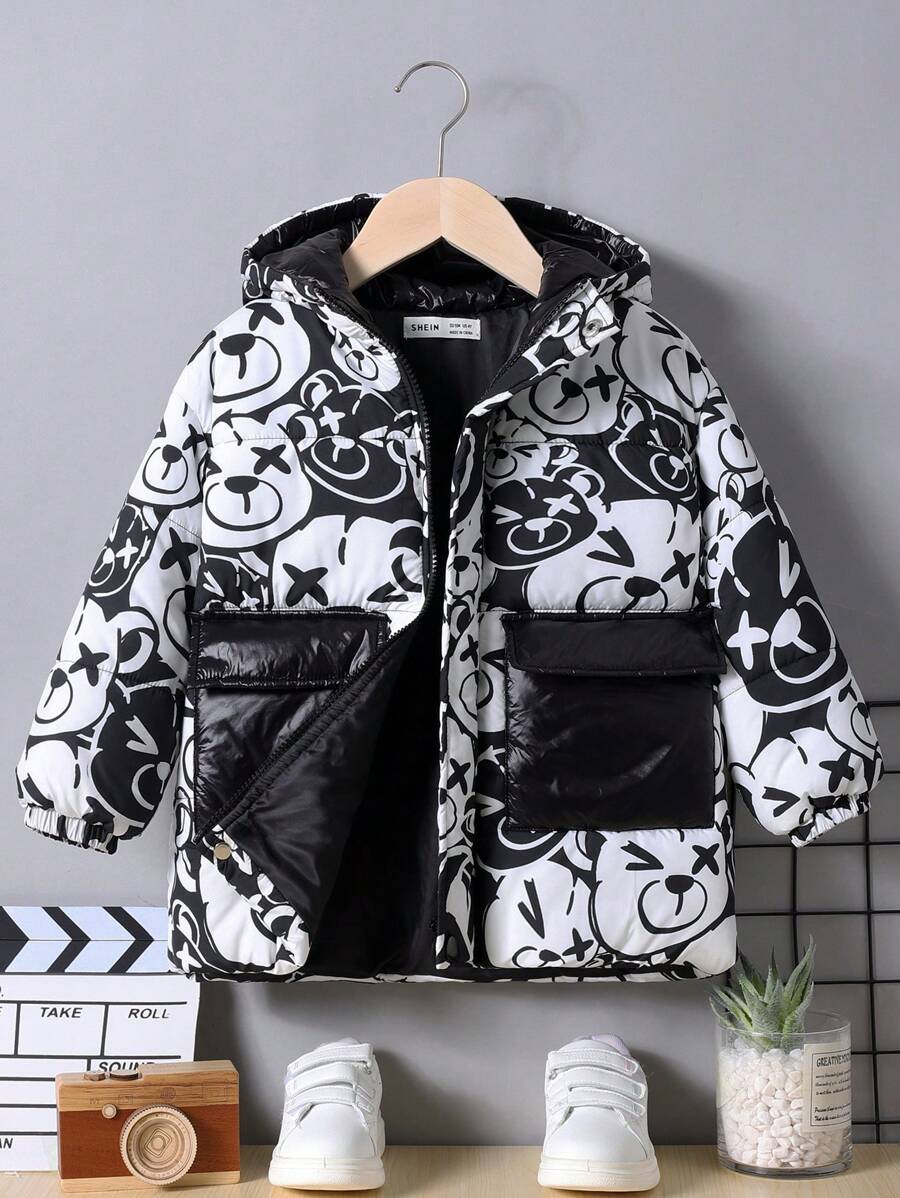 SHEIN 小男孩可愛黑白小熊印花寬鬆連帽外套撞色顯眼口袋適合秋冬 - 黑與白 - 查看 1