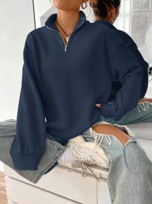 Women's Casual Raglan Sleeve Half Zip Sweatshirt, Loose Fit Funnel Neck Long Sleeve Navy Blue Pullover Hoodie, Spring/Autumn - Navy Blue - View 1