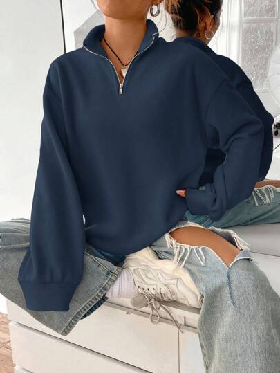 SHEIN Unity Felpa con mezza cerniera e spalle cadenti, felpe con cappuccio da donna con collo a imbuto, casual primaverili/autunnali, maniche lunghe, con mezza pattina, colore blu navy, taglio regular
