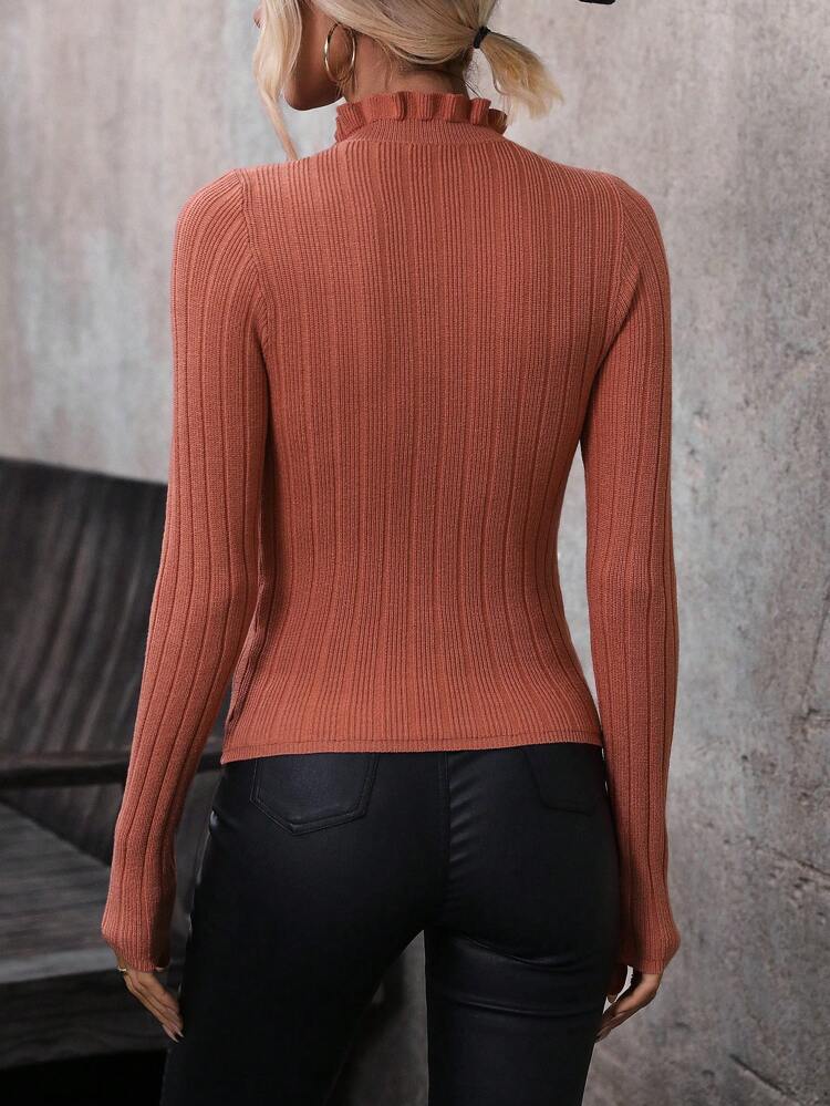 Frill Trim Mock Neck Ribbed Knit Pullover Fall Winter Sweater