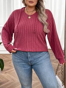 SHEIN CURVE+ Hơn Thả vai Dây rút Áo nỉ có mũ - Màu Hồng Tươi - Xem 3