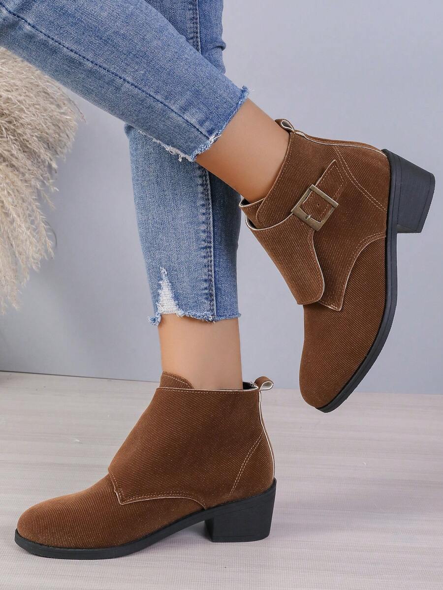 女性踝靴和短靴帶搭扣,秋季和冬天靴子,高跟鞋,粗跟高跟鞋,樣式,棕色的 - 棕色 - 查看 1