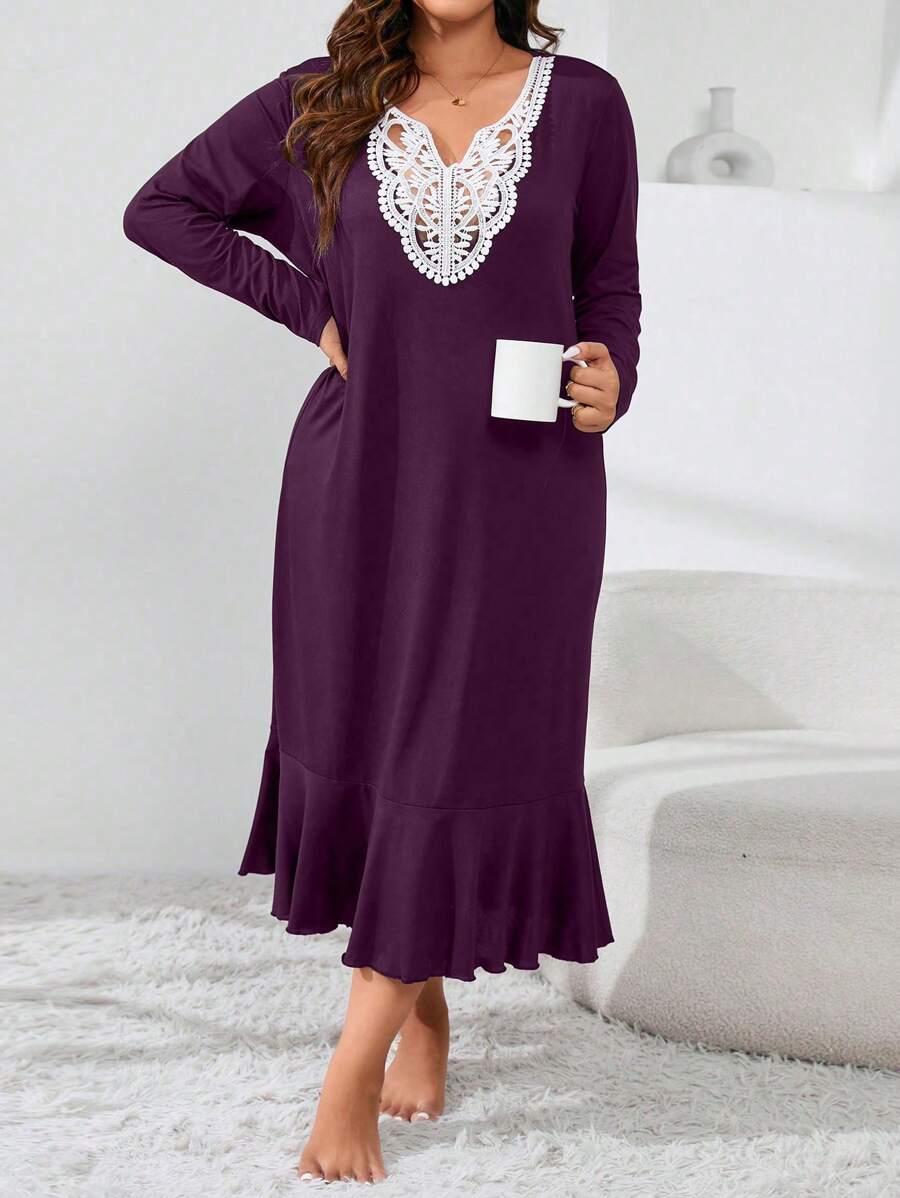 فستان نوم طويل أنيق بتصميم الزعنفة مقاس كبير - الأرجواني - مشاهدة 1