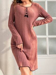 Women's Solid Color Contrast Lettuce Trim Button Detail Rib-Knit Lounge Dress - Dusty Pink - View 1