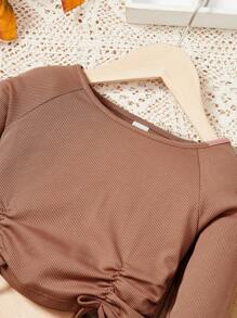 SHEIN Little Girls' Casual, Comfortable, Warm Pullover T-shirt With Drawstring Hem