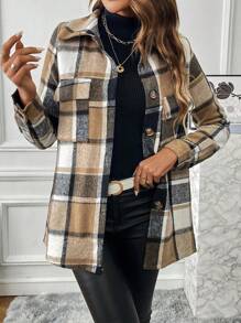 SHEIN Essnce 格紋印花翻蓋口袋外套 - 咖啡棕 - 查看 1