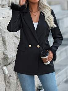 SHEIN Essnce Fuzzy Cổ tay áo Nút đôi Áo vest - màu đen - Xem 5