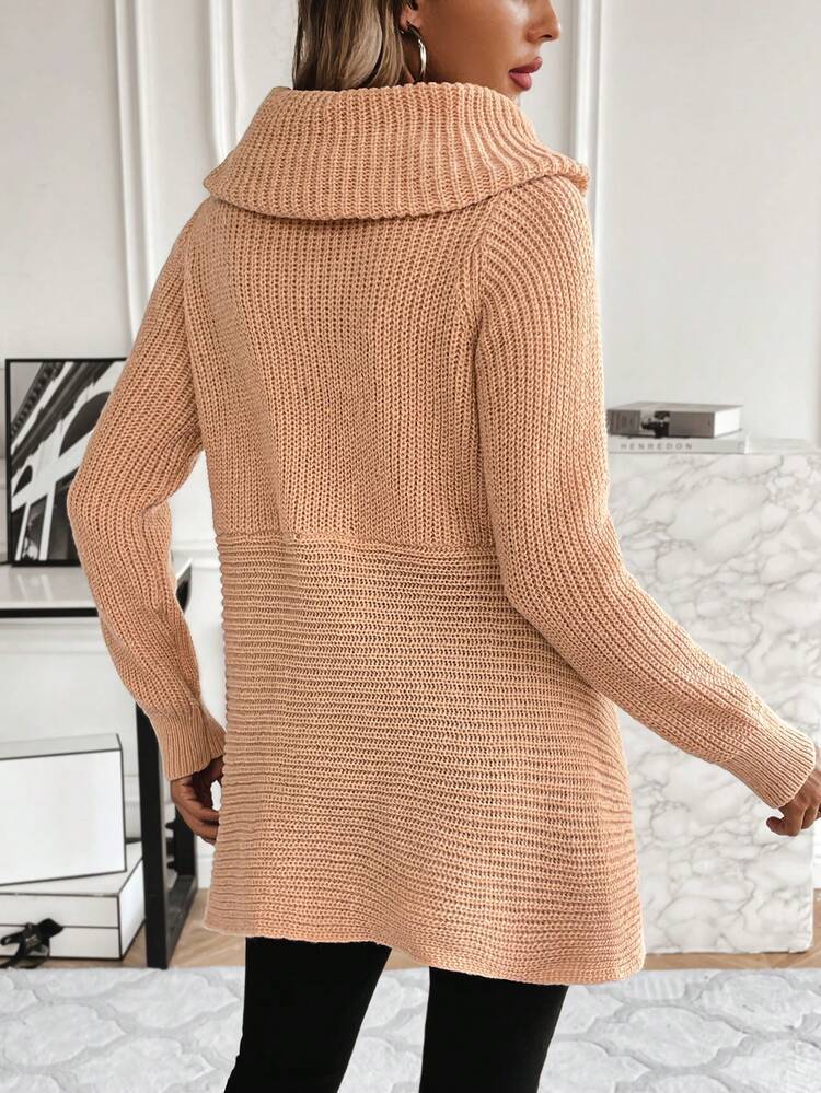 Solid Color Asymmetric Hem Drape Collar Knit Pullover Fall Winter Sweater