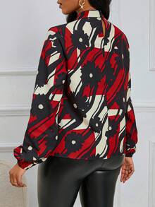 SHEIN Lady 圖案印花燈籠袖襯衫 - 紅色 - 查看 2