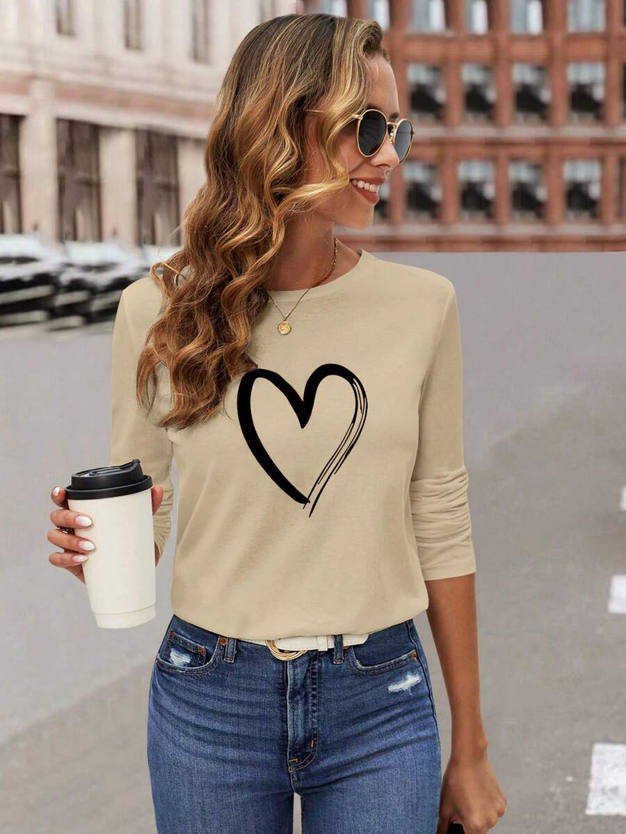 SHEIN LUNE Heart Shaped Print T-shirt - Khaki - View 1