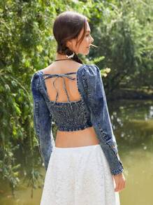 Soleia Sweetheart Neck Asymmetrical Hem Crop Denim Top - Blue - View 2