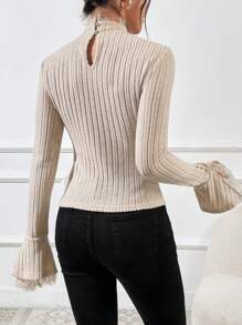 SHEIN Privé Của phụ nữ Dệt kim Áo Với Lá sen Và Đứng cổ áo - Màu be - Xem 2