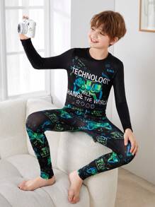 SHEIN Leap Crew Tween Boy Reflective Gamepad & Slogan Graphic Tee & Pants Snug Fit PJ Set - Black - View 4