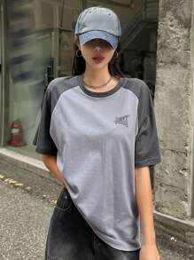 DAZY Letter Graphic Colorblock Raglan Sleeve Tee - Light Grey - View 6