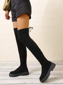 女性麝皮緊的適合高筒靴帶繫帶設計 - 黑色 - 查看 3