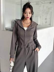 DAZY Dây kéo Dây rút Hoodie & Viền chia cắt Quần - Màu xám đen - Xem 6