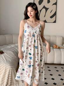 DAZY Cartoon Graphic Contrast Lace Cami Nightdress Pajama - Beige - View 3