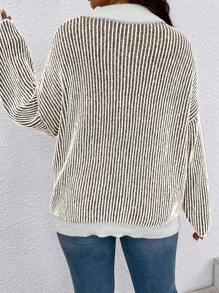 SHEIN LUNE 加大码条纹落肩毛衣，适合冬季和秋季穿着。 - 咖啡棕 - 查看 2