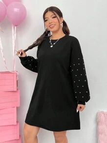 SHEIN EZwear 女式加大码落肩宽松黑色连衣裙 - 黑色 - 查看 5