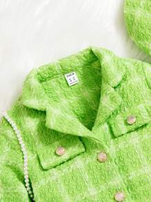 SHEIN Tween 女童格子粗花呢时尚奢华夹克和百褶裙两件套 - 綠色 - 查看 3