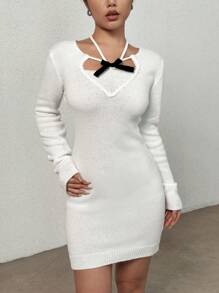 SHEIN Unity Nơ mặt trước Buộc lại Váy len bó sát - trắng - Xem 4