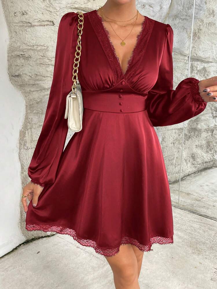 Contrast Lace Deep V Neck Lantern Sleeve Dress
