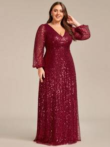 EVERPRETTY Plus Size Women Elegant Lantern Sleeve Sequin Deep V Formal Evening Dress - Burgundy - View 5