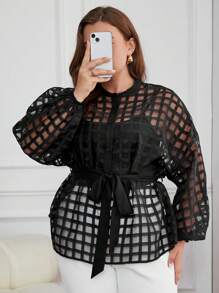 SHEIN Privé 加格纹印花灯笼袖束带衬衫（不含吊带背心） - 黑色 - 查看 6