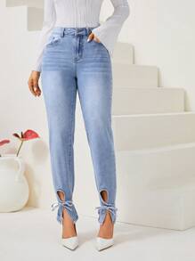 SHEIN BAE High Waisted Jeans With Split Hem - Blue - View 4