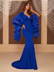 SHEIN Belle Women's Exaggerated Tiered Ruffle Sleeves Slim Fit Fishtail Evening Dress - Blue - View 5