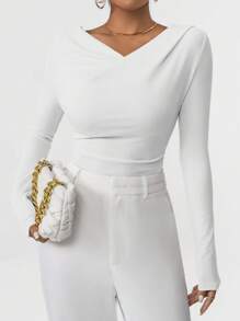 Firerie 女款v領純色條紋修身長袖t卹 - 白色 - 查看 1