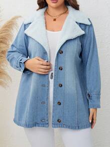 EMERY ROSE Plus Contrast Collar Fuzzy Lined Denim Jacket, For Winter - Light Wash - View 6