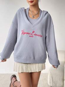 SHEIN EZwear 女士字母刺繡帽衫和露背上衣2件套裝 - 淺灰色 - 查看 4