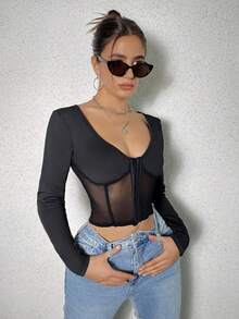 SHEIN SXY Vá lại Không lưng Lưới trong suốt Tay áo dài Áo Với Móc và mắt Khép kín - màu đen - Xem 6