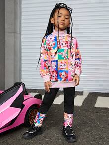 SHEIN Young Girl Cartoon Graphic Drop Shoulder Pullover & Leggings - Multicolor - View 4