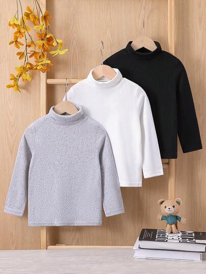 SHEIN تي شيرت موحدة اللون ياقة دائري 3 قطع ولد طفل