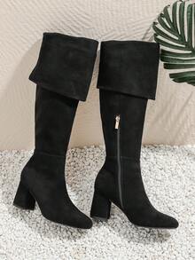 側邊拉鍊高跟膝靴,可拆卸束口 - 黑色 - 查看 6