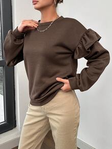 EURMUSE 女性波浪邊修飾圓領運動衫 - 棕色 - 查看 3