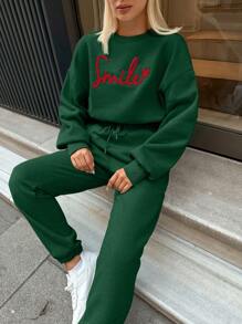 SHEIN Cottnline Letter Embroidery Top + Pants Women's 2-piece Set - Green - View 4