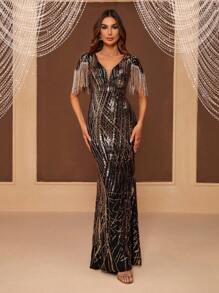 SHEIN Belle Của phụ nữ Chính thức Đầm dạ hội Với Thêu , Hạt , Tua , Người yêu Vòng cổ Và Thon gọn - Nhiều màu - Xem 6