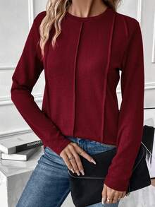 SHEIN Essnce 素色接縫細節T恤 - 酒紅色 - 查看 5