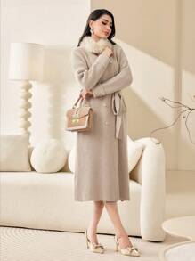 Modelyn Fuzzy Collar Drop Shoulder Belted Cardigan - Apricot - View 1