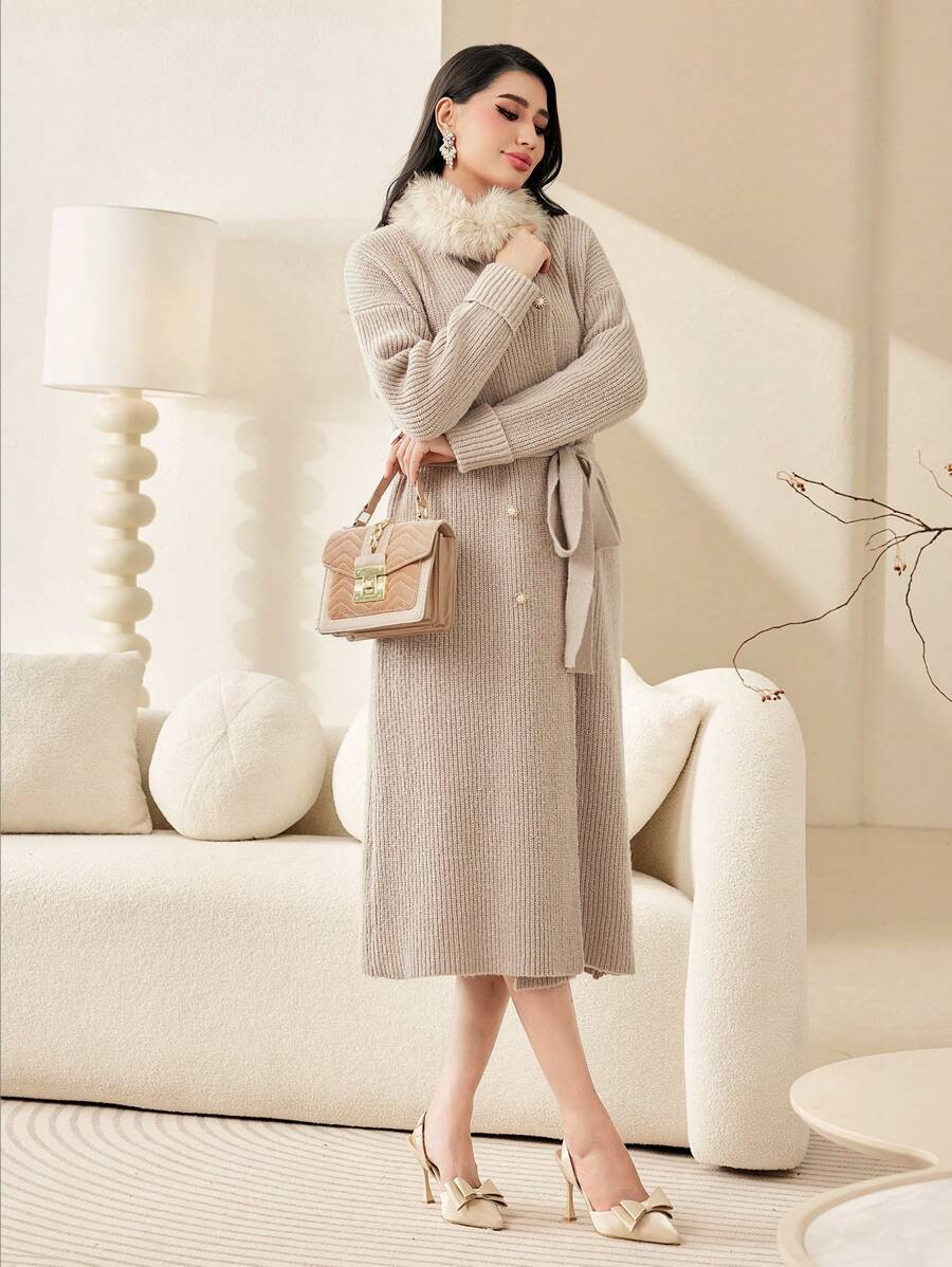 Modelyn Fuzzy Collar Drop Shoulder Belted Cardigan - Apricot - View 1