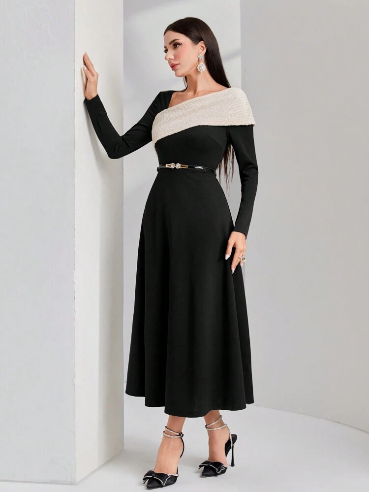 Women's Color Block Asymmetrical Neckline Dress Without Belt Long Evening Dresses