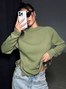 SHEIN Essnce Solid Raglan Sleeve Knot Side Sweater - Green - View 6