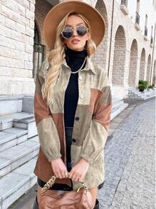 SHEIN Frenchy Colorblock Drop Shoulder Flap Pocket Corduroy Coat - Apricot - View 5