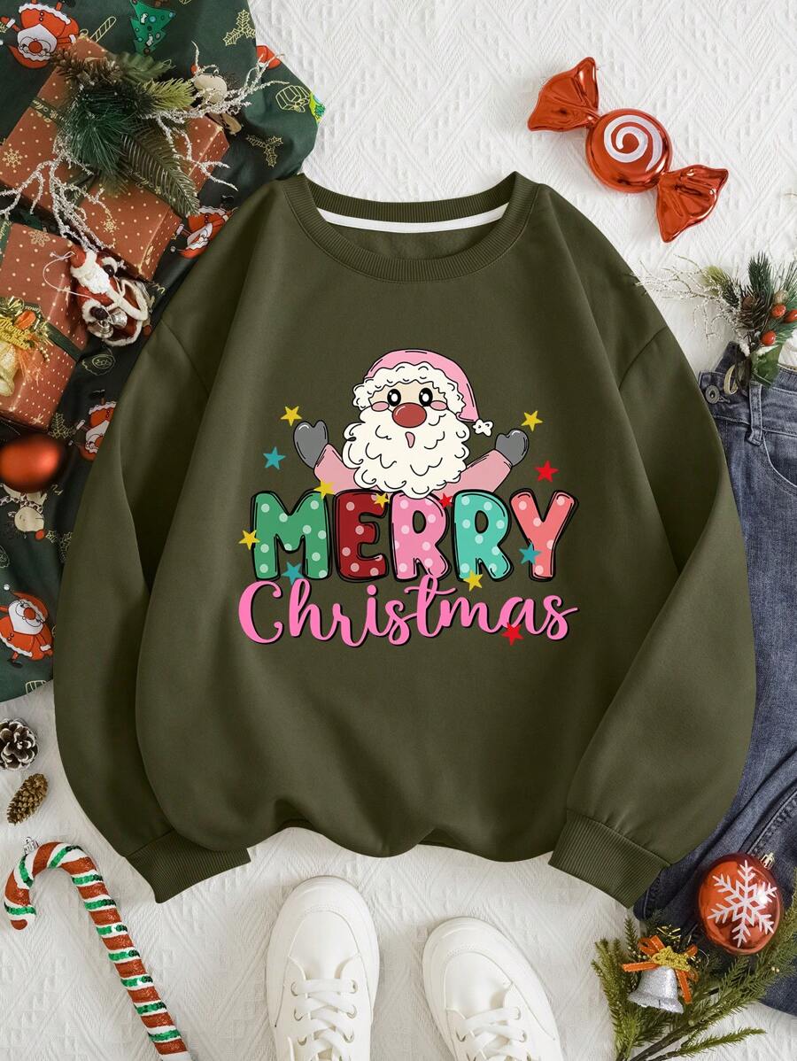 SHEIN EZwear 大碼聖誕圖案搖粒絨運動衫 - 軍綠色 - 查看 1