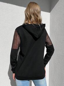 RueChic Contrast Fishnet Zip Up Hoodie - Black - View 2