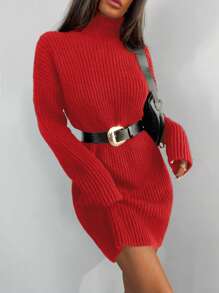 EURMUSE Vestido Estilo Suéter Con Cuello Alto Y Hombros Caídos Sin Cinturón - Rojo - Ver 6